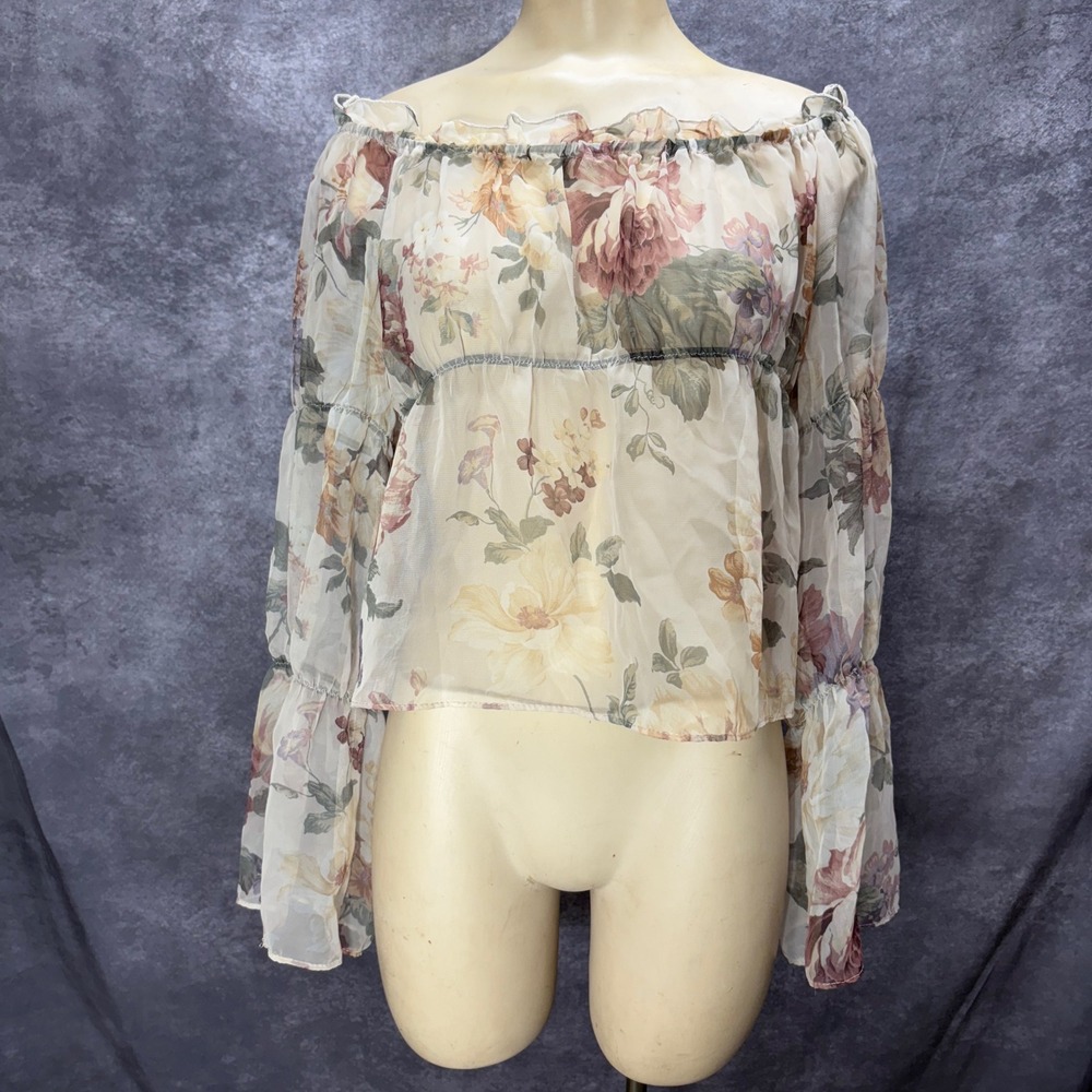 Y2K Fairy Floral Sheer Off Shoulder Babydoll Top Size S Bell Sleeves YK Clothing